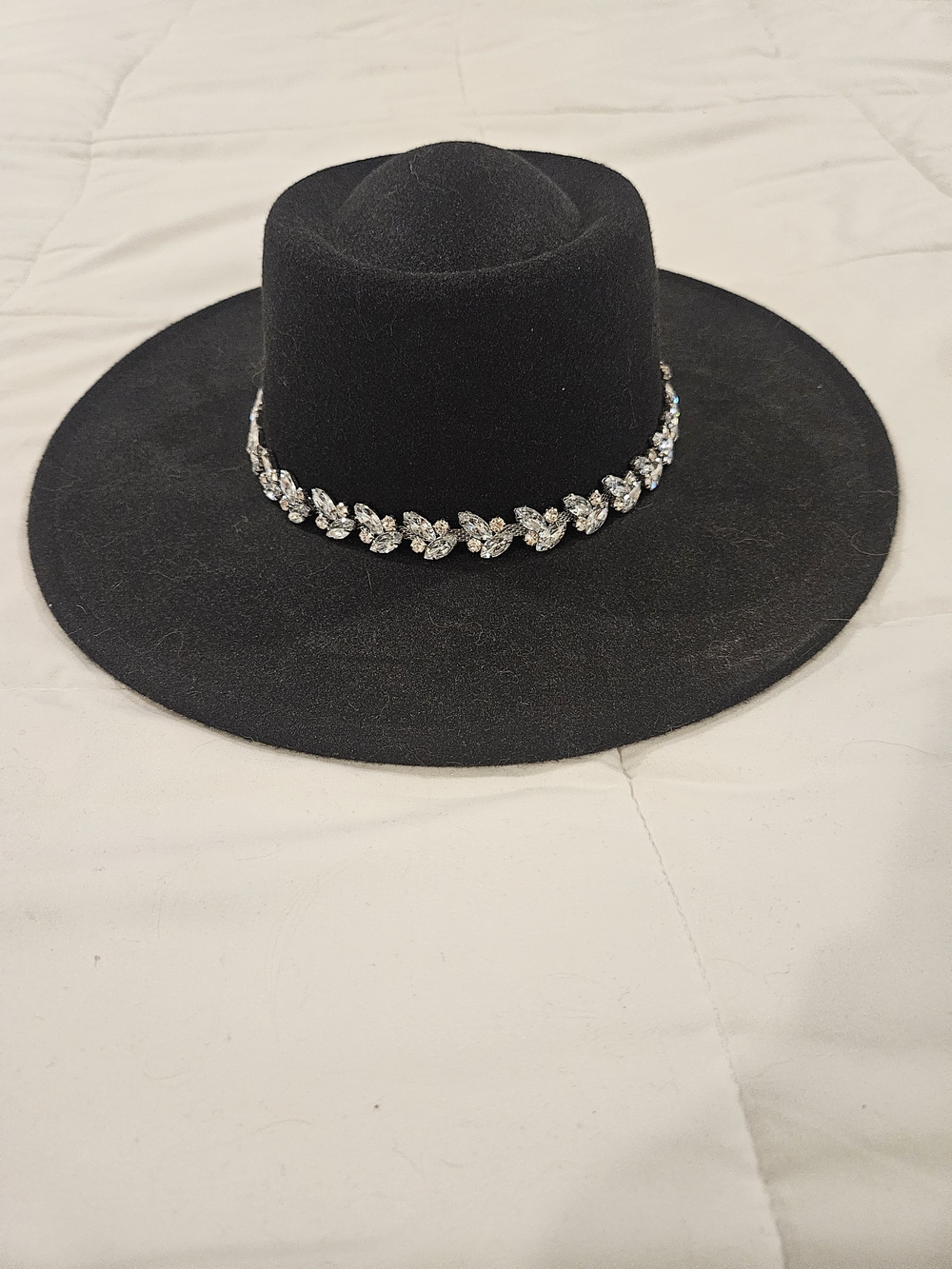 NWOT Black Wide-Brim Hat with Crystal Rhinestone Band